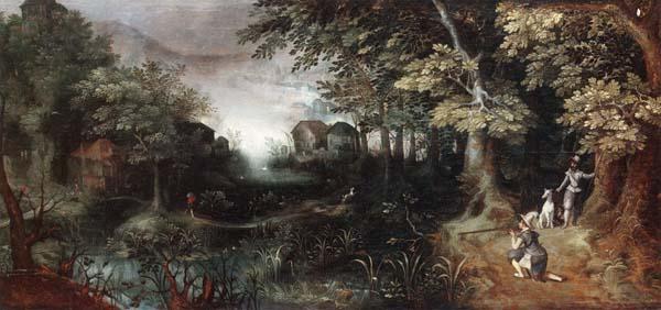Claes Dircksz.van er heck A wooded landscape with huntsmen in the foreground,a town beyond China oil painting art